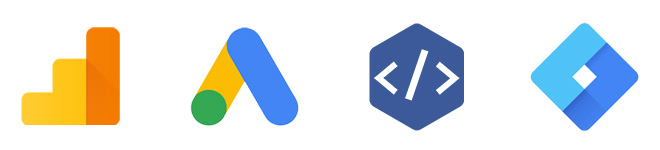 לוגואים של שירותי מעקב, גוגל תג מנג׳ר, פייסבוק פיקסל, גוגל אדוורדס וגוגל אנליטיקס
